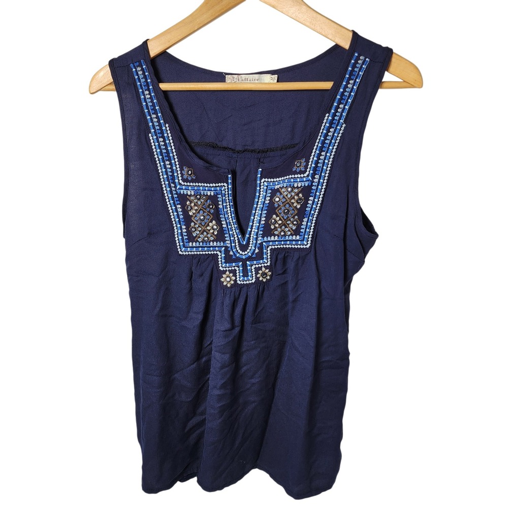 LAFFAIRE Navy‎ Blue Embroidered V Neck Sleeveless Top Size Medium